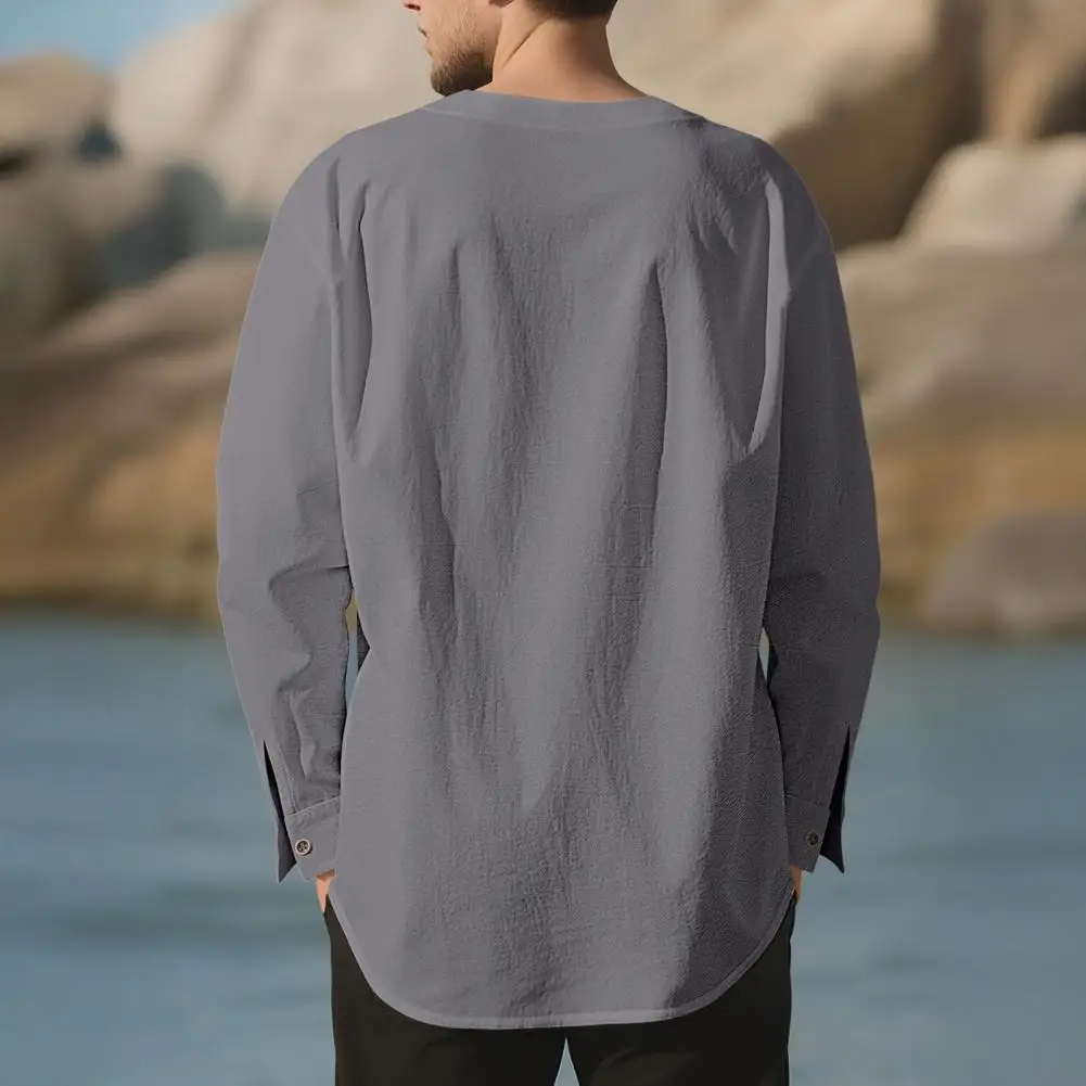 Men Shirt Round Neck Long Sleeve Loose Fit Shirt Pure Color Pleated Lightweight Casual Versatile Shirt Daily Wear