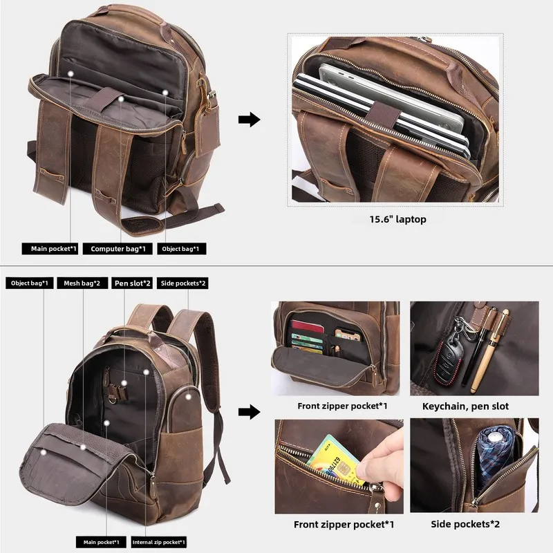 Frenzy Leather Double-Shoulder Backpack - Outdoor Backpack, European Retro Style, Multi-functional Laptop Backpack
