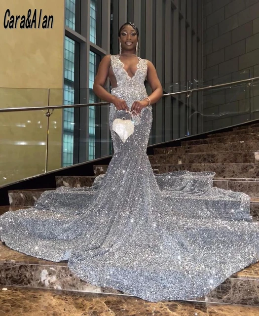 Sparkly Sliver Prom Dresses 2023 Beading African Black Girls Mermaid Party Gowns Sequin Evening Dress Vestidos De Graduacion AliExpress