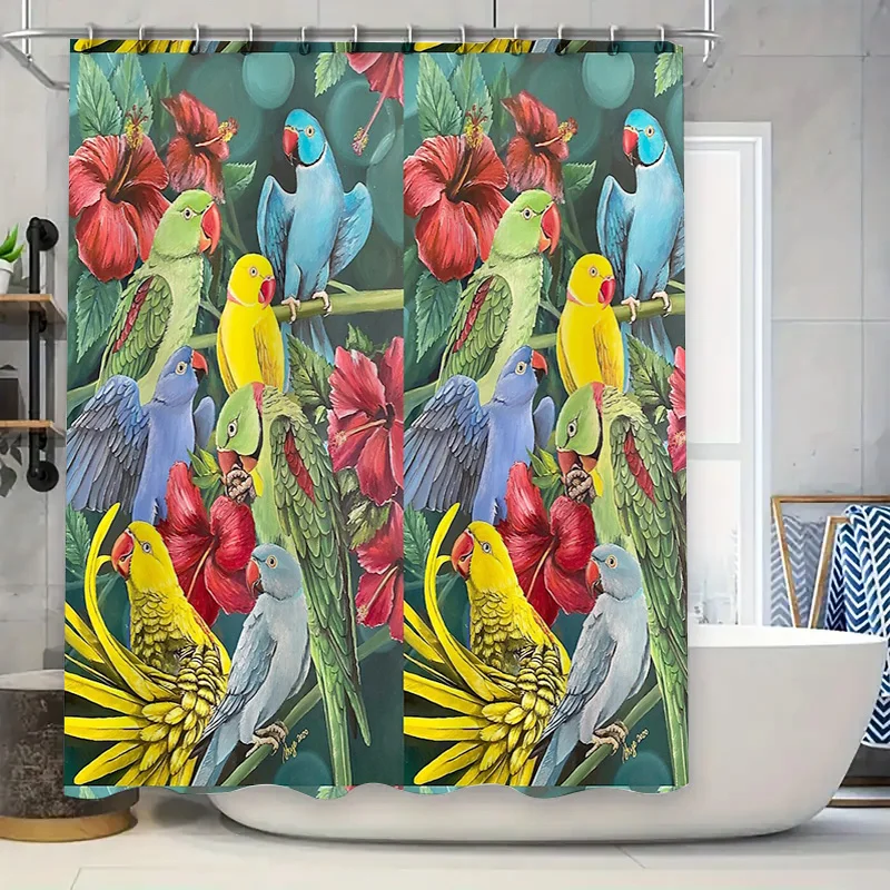 Tropical Bird Shower Curtain Botanical Forest Nature Bathroom Decor Teal Green Blue Colorful Exotic Wildlife Home Decor