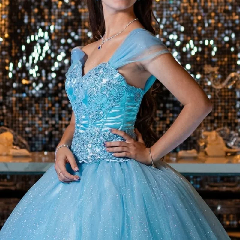 

Customized Shiny Blue Quinceanera Dresses Off the Shoulder decal Tull Lace Long tail Vestido 15 Quinceanera