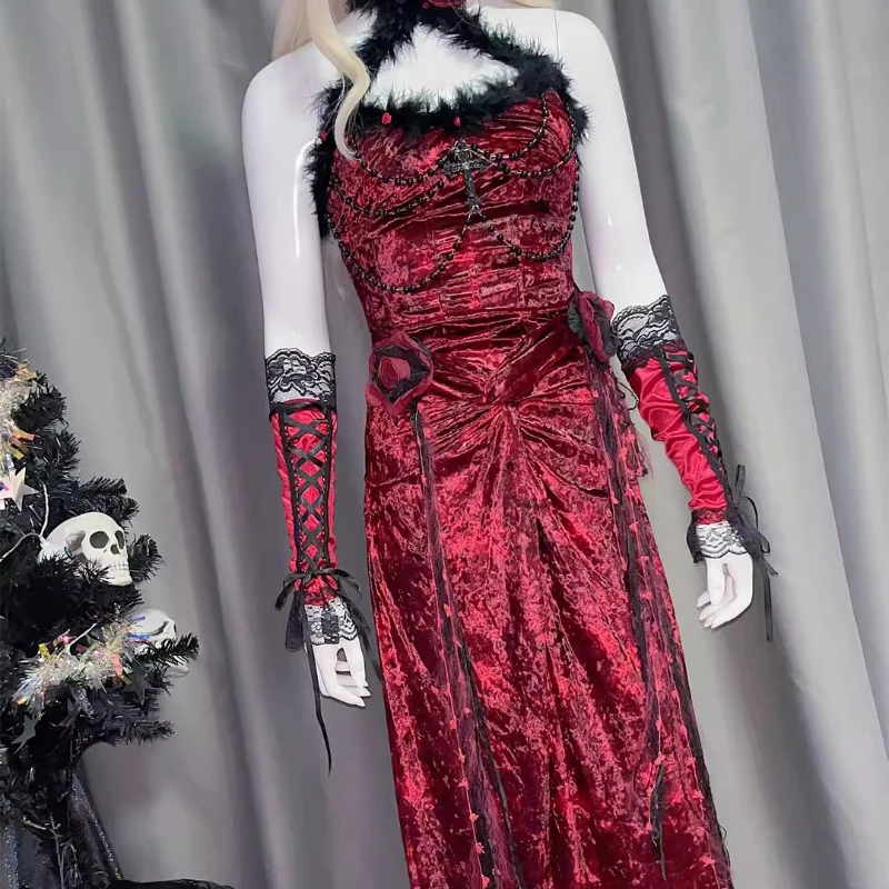 Europea American Gothic Sexy Sweet Cool Women's Dress Original Design Lace Flower Hollow Out Beaded Cardigan Coat Set Ladies