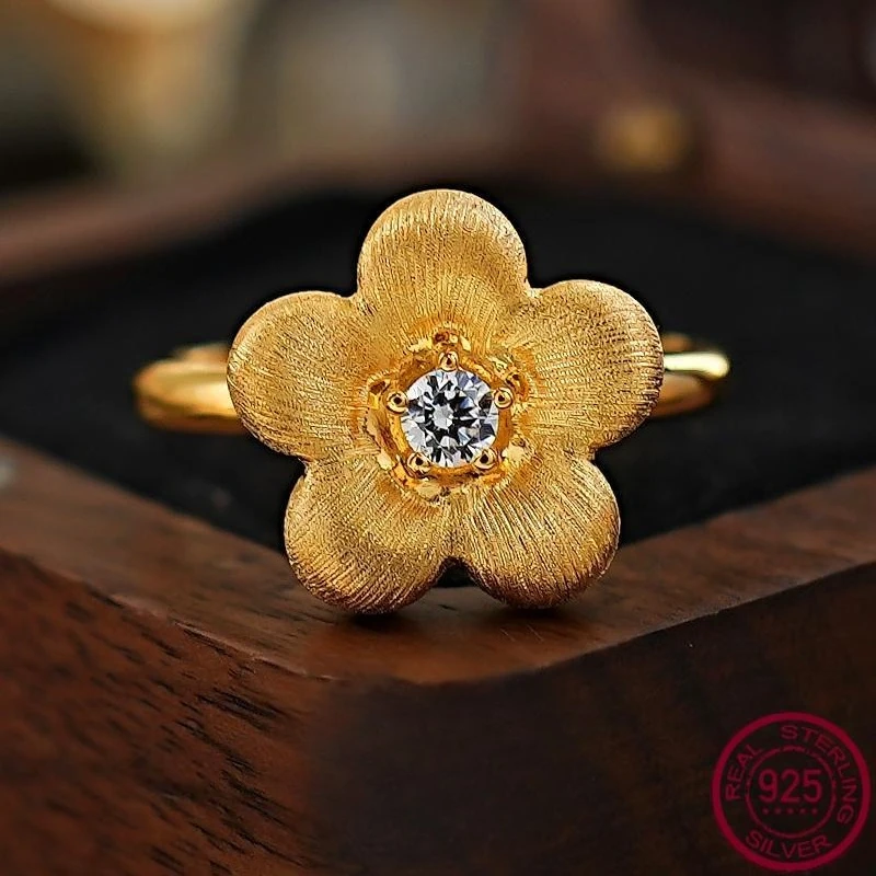 

New gold flower brushed S925 silver ring with high-end and niche design, versatile wedding jewelry
