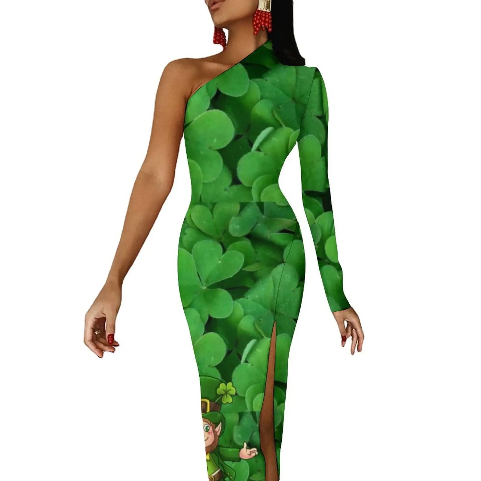 St Patrick's Day Bodycon Dress Saint Patrick Leprechaun Shamrock Kawaii High Slit Long Dresses Long Sleeve Print Party Dress