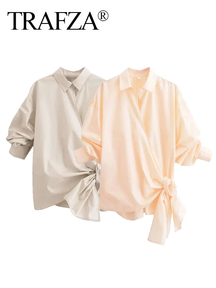 

TRAFZA Fashion Lapel Short Sleeve Elegant Women's Cropped Top Women's Summer Pleated Bow Decorated Casual Shirt Streetwear TRAF