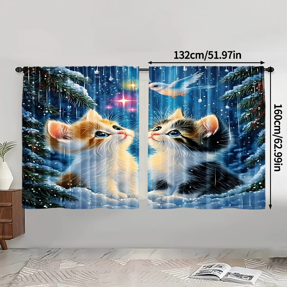 Super Cute Winter Kitten Family Curtains Snowfall Blue Bird Christmas Season Window Drapes Cartoon Decoration for Bedroom