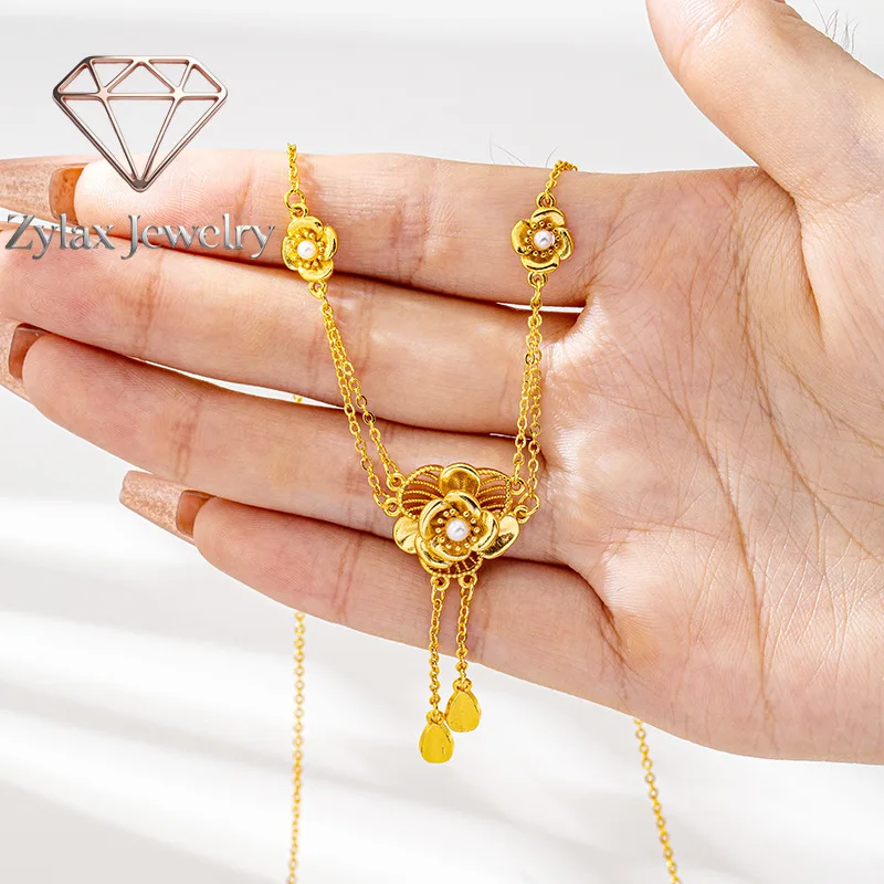 Zylax Jewelry Women 24K Gold AU999 Hollow Flower Tassel Necklace Earring Ring Elegant Set - Pure gold, detachable, ideal for gif