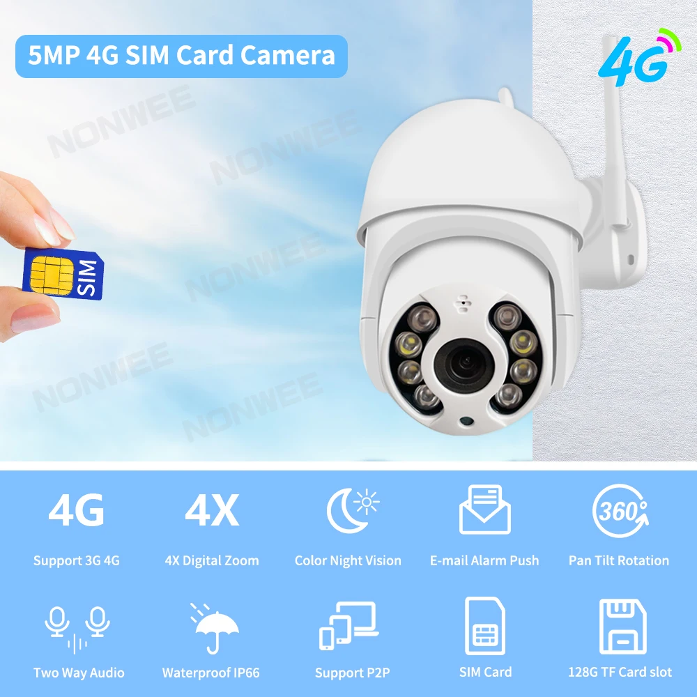 5MP 4G SIM Card IP Camera PTZ Outdoor 1080P HD WIFI Security Speed Dome Camera CCTV Video Surveillance Auto Tracking Onvif ICSEE