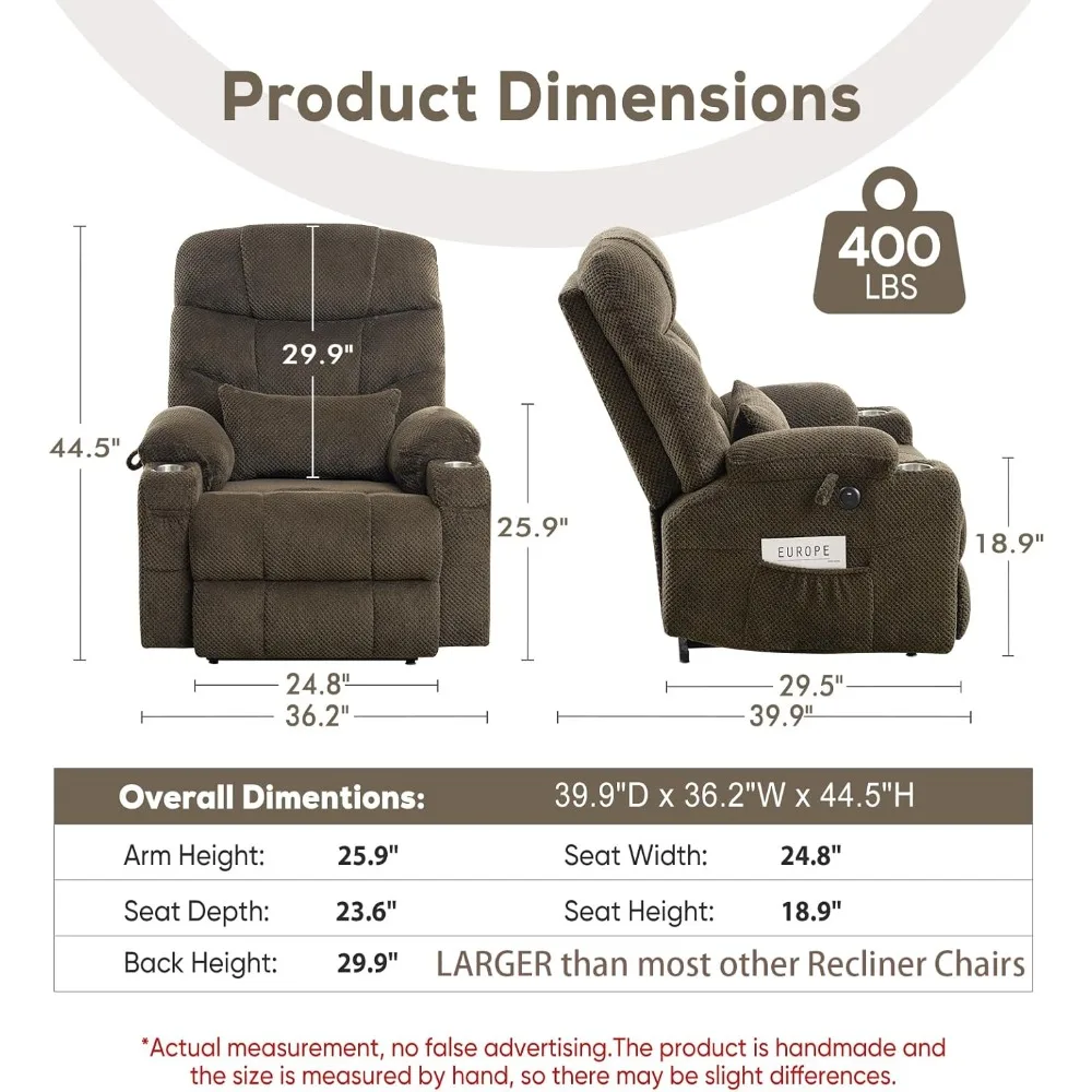 Dual Motor Lay Flat Power Lift Recliner with Massage, Heating, Lumbar Pillow, USB & Type-C Ports, Textile Fabric, Oversized