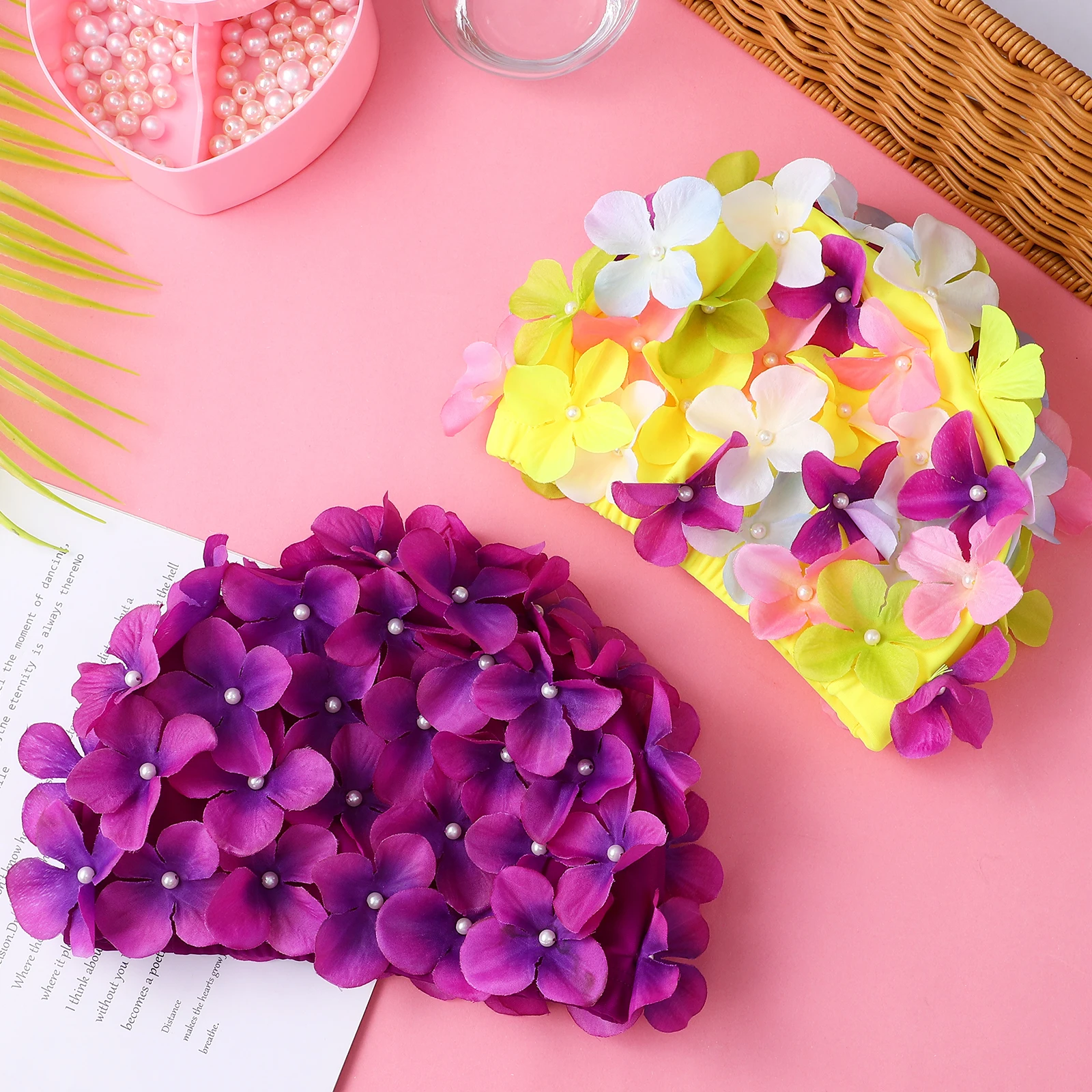 

2 Pcs Flower Swimming Cap Women's Ladies Floral Ultraviolet Light Nylon Fabric with Petals Flowery Womens Ornate