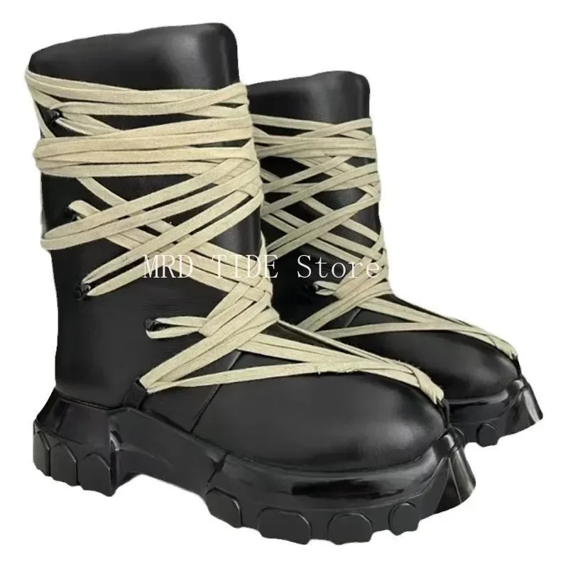 

Men Boots Genuine Leather Lace Up Zip Ankle Shoes Platform Increase High Street Vintage Luxury Brand Dance Sneakers Black Owen