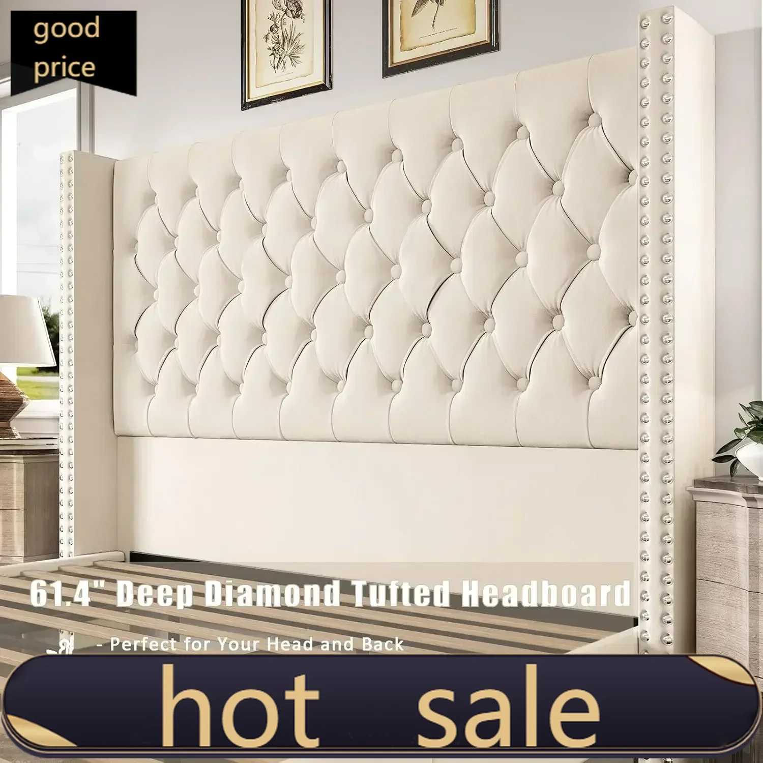 

Акция: Индивидуальная кровать King-size с платформой, изголовьем ручной работы 61,4 дюйма, высоким велюровым изголовьем, глубокой обивкой и пуговичной стежкой