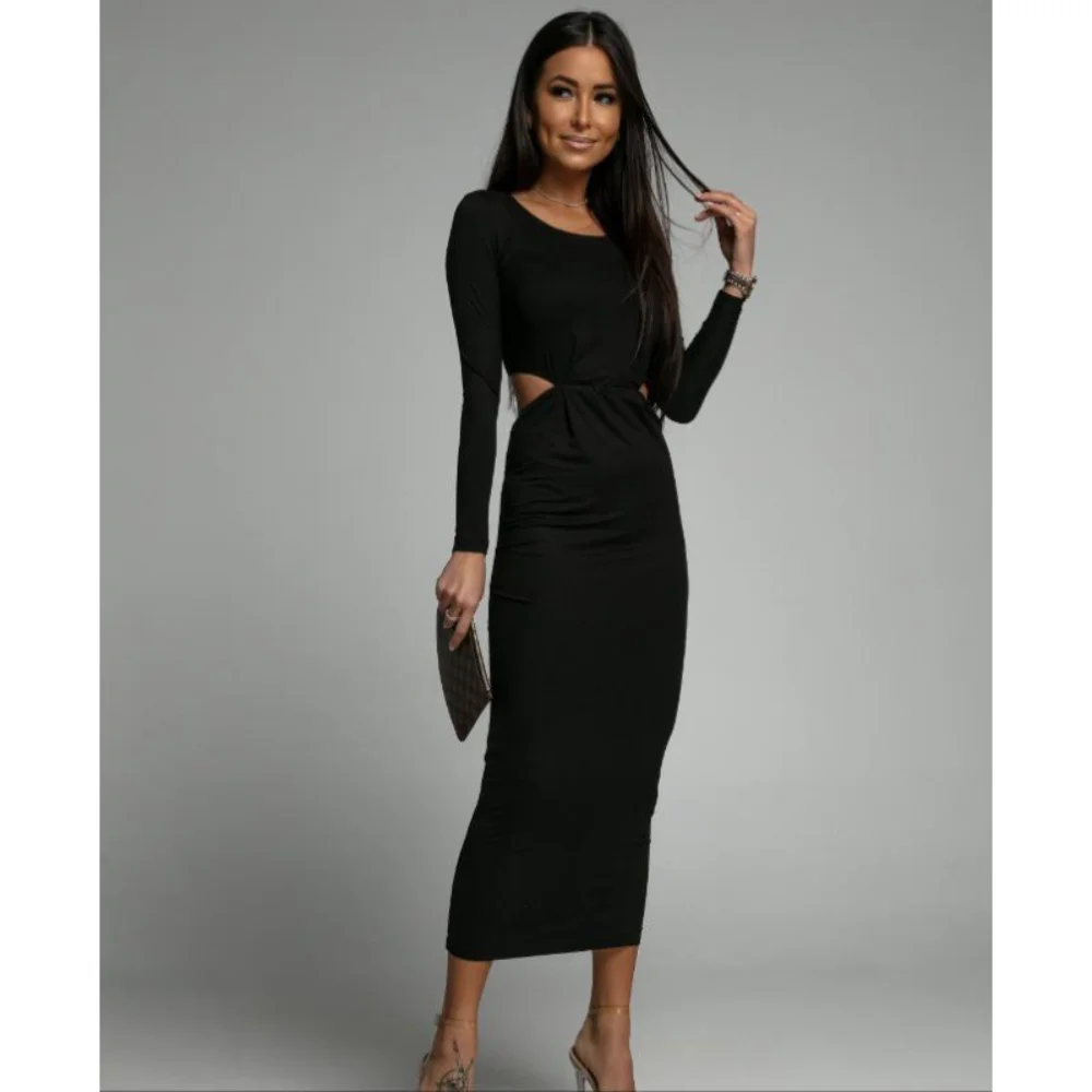 Figurbetontes Kleid für Damen, sexy, hohl, langärmelig, modisch, O-Ausschnitt, hohe Streeet-lange Vestidos, 2025, Party-Abendkleider, Onkogene