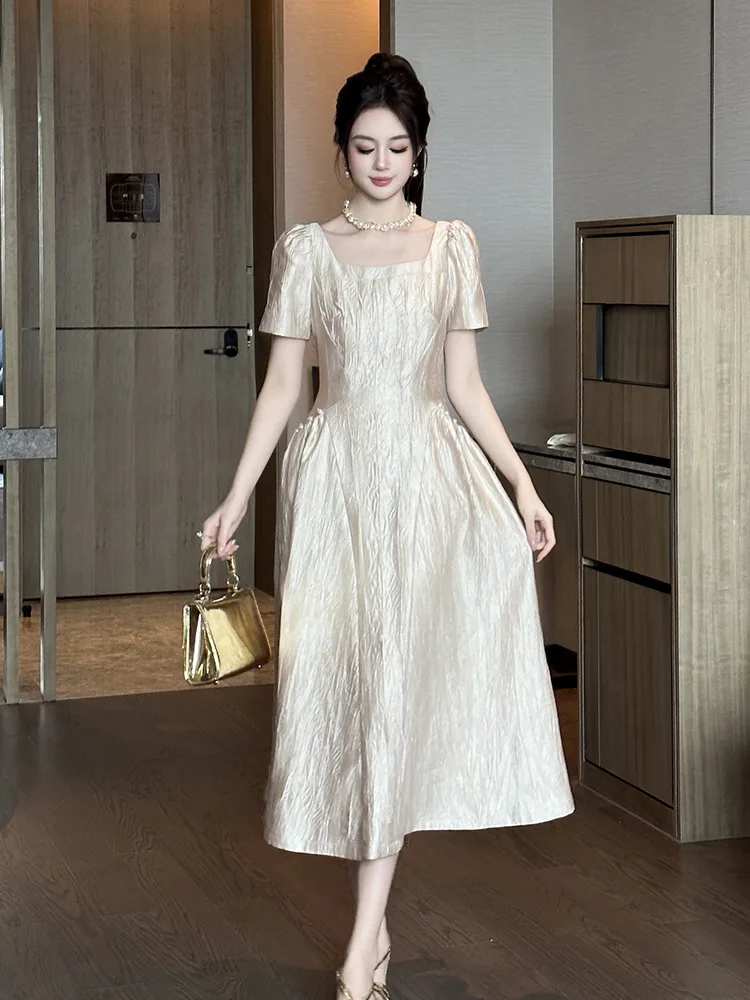 

A-Leibniz Women's Dress Champagne-colored Dress Puff Sleeve Dress Long Dress Casual Dress 45140
