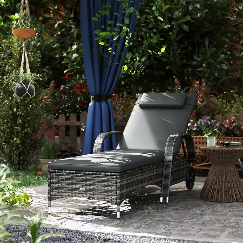 Outdoor Chaise Lounge, 5-Level Adjustable Backrest Rattan Pool Lounge Chair with Wheels, Cushion & Headrest, Gray