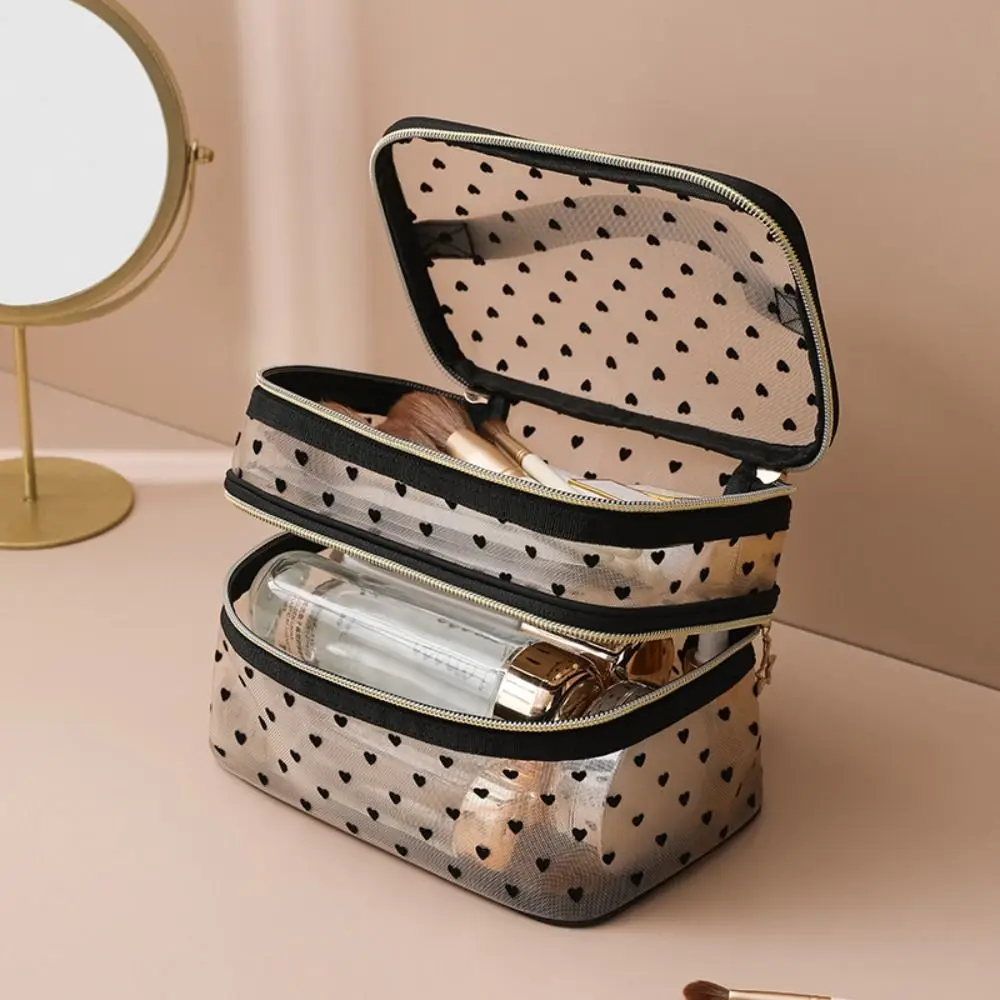 Portable Nylon Makeup Bag Black Grey Nude Large Capacity Toiletry Bag Double-layers Travel Cosmetic Bag Women