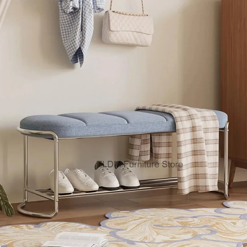Minimalist Curved Metal Frame Shoe Bench Multi-Grid Linen Padded Seat，Shoe Storage Rack Entryway Changing Stool for Hallway
