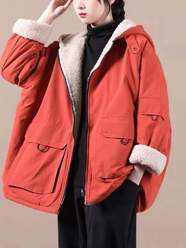 

Warmth Oversize Long Sleeve Hooded Double-Sided Wear Lamb Velvet Cotton Jacket Winter Clothes Women's Loose Style Commute Kor...
