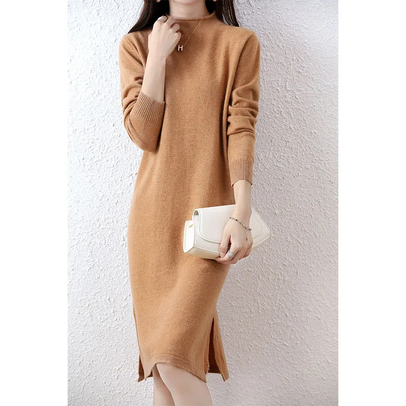 

Autumn and Winter New Women's Rolled Edge Half High Neck Knitted Dress Versatile Casual Pure Wool Medium Length Split Skirt