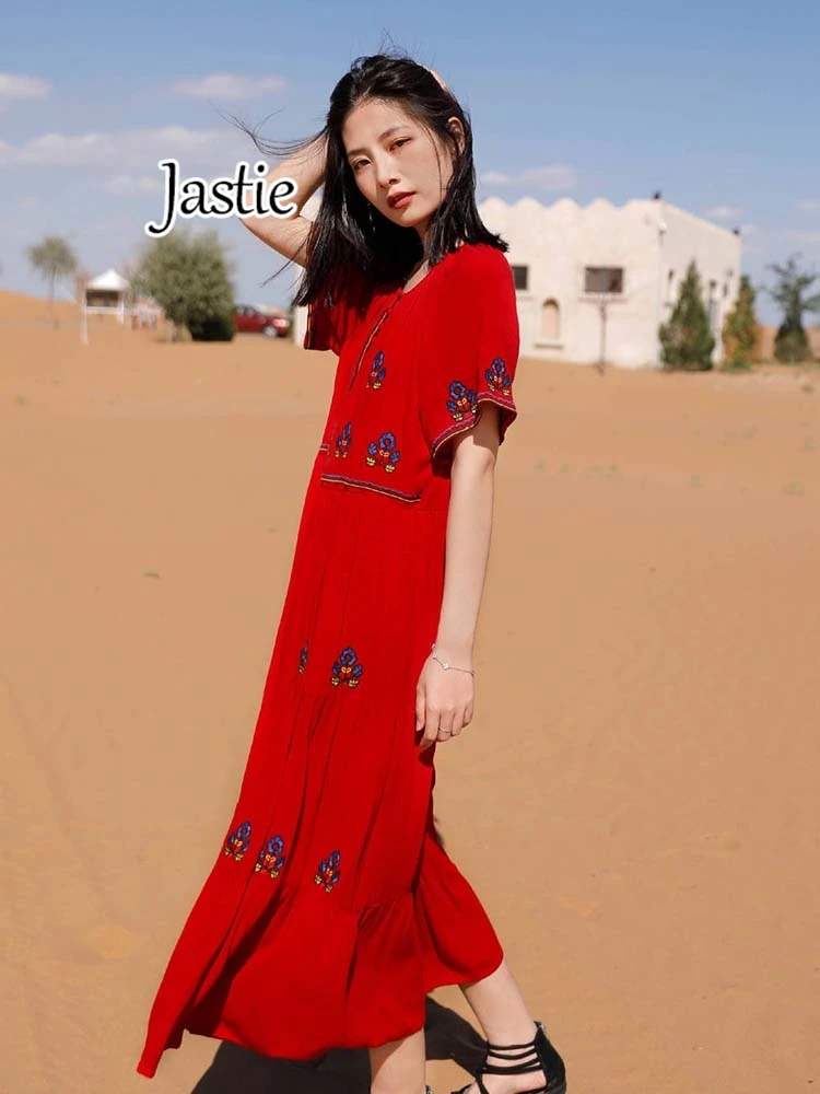 Jastie Summer New Retro Cotton And Linen Dress Women Long Knee-length Embroidery Big Swing Dresses Red Loose Short Sleeve Dress