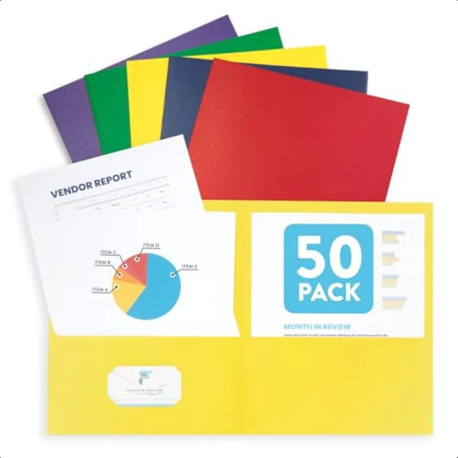 50-cartelle-di-carta-a-due-tasche-progettate-per-l'ufficio-e-l'aula-5-colori-assortiti-confezione-da-50-cartelle-colorate-a-2-tasche-sfuse