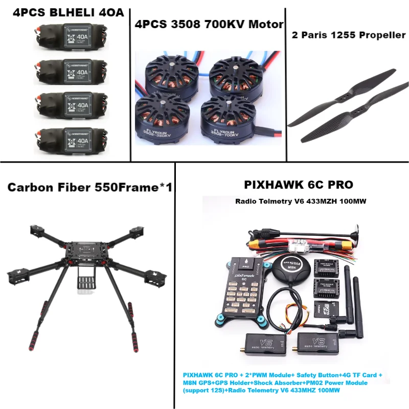 Rctosk 550 hexa quadro pixhawk 6c pro m8n m9n m10 controle de carbono ardupilot rádio telemetria quadcopter 40a 3508 700kv motor esc