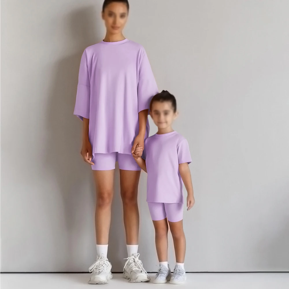 2026 familie Passenden Mutter Tochter Sommer Sets Solide Baumwolle Lounge Anzug Für Outfits Kleidung Jungen Mädchen Sport Leggings – Detail 11