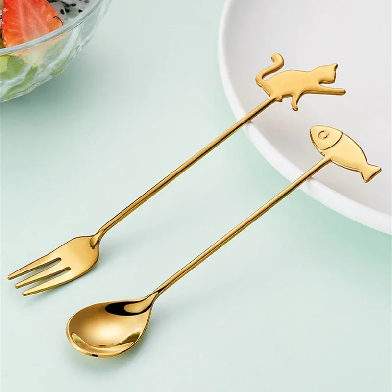 Cat Fish Spoons Forks Stainless Steel Kids Dessert Kitchen Tableware Ice Cream Cake Coffee Honey Stirring Seasoning Spoon Fork