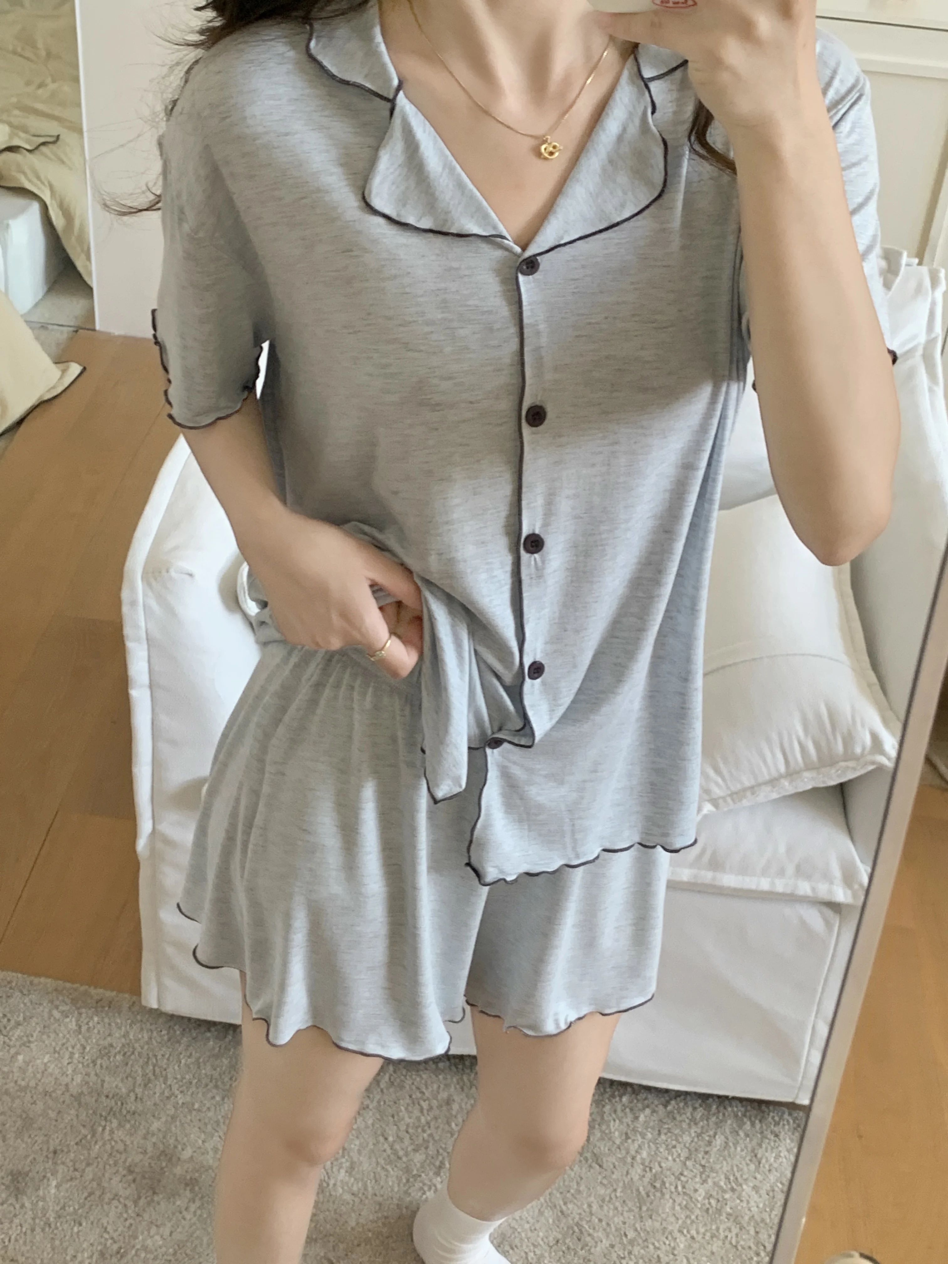 

Modal Sleepwear Women's Summer New Short Sleeve Shorts High Sense Sweet Blue Open Cardigan Home Clothes Set Comfortable Loose...