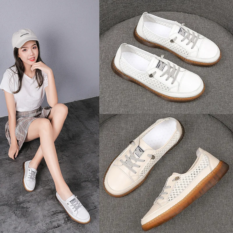 Casual Flat Walking Shoes Cowhide Moccasin Sandals Women Soft Sole Loafers Genuine Leather Female Mesh Sneakers Jogging Trainers