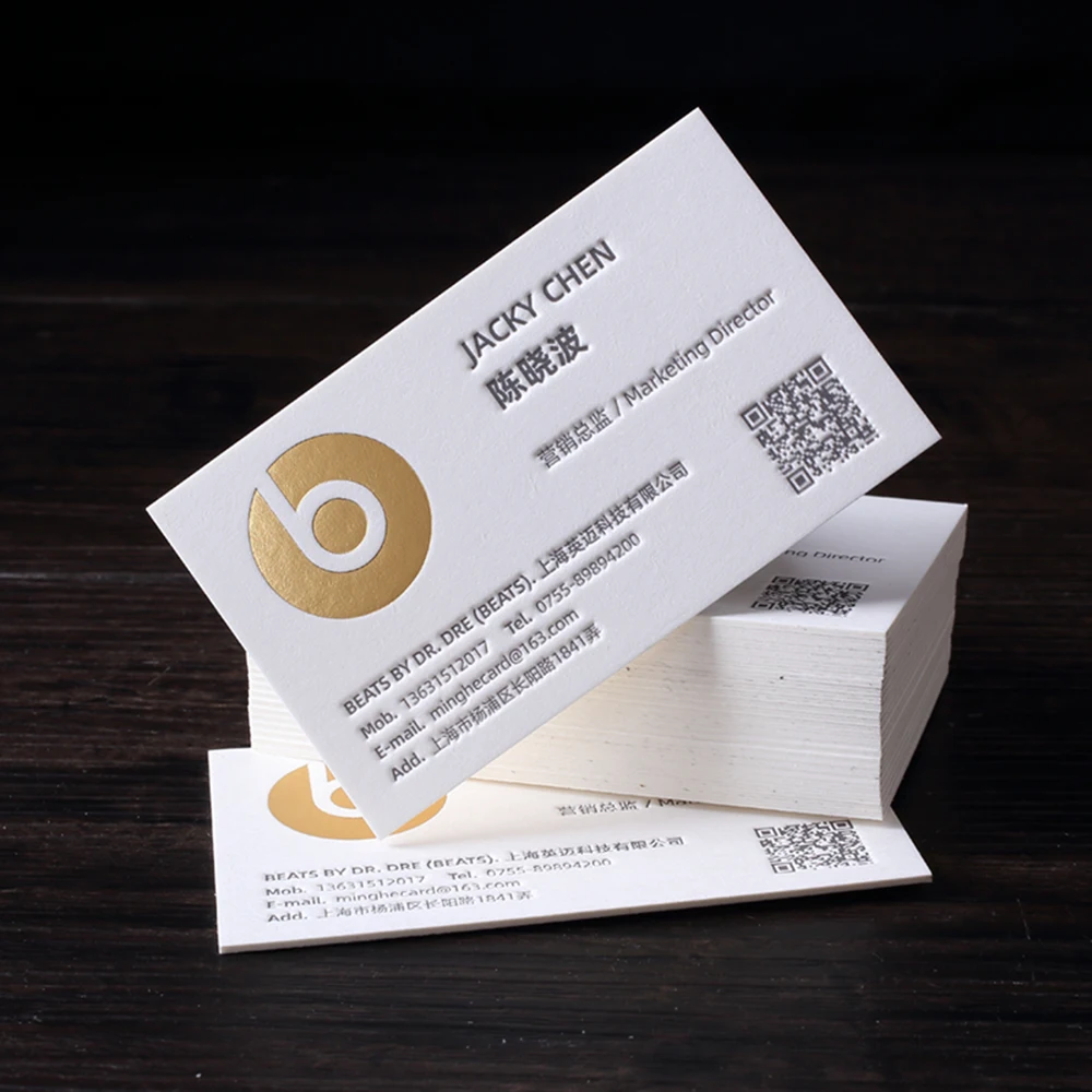 Custom Business Card Printing With Logo Name Watercolor 600G Cotton Paper Letterpress Embossed Gold Foil Double-side 200PCS