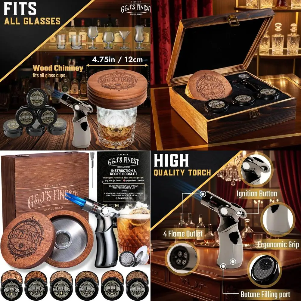 

Premium Whiskey Smoking Kit - 4-Flame Torch, 6 Chips, Wooden Box | Bourbon & Old Fashioned Gifts