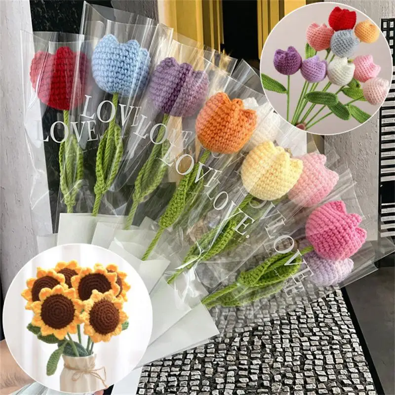 Knitting Rose Tulip Flower Sunflower Bouquet Hand-knitted Fake Flowers Knit Flower Home Table Crochet Simulation Floral Bouquet