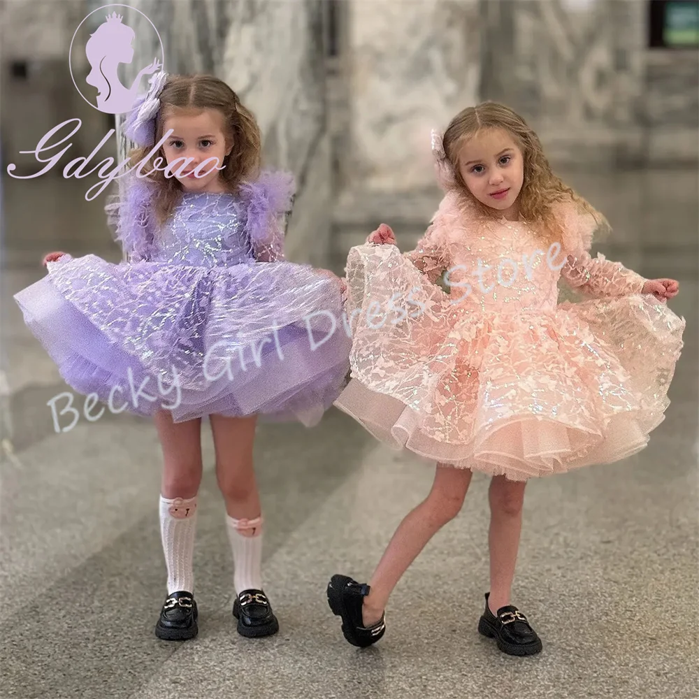 

Customized Tulle Flower Girl Dresses For Wedding Sequins Butterflies Full Sleeves Gorgeous Princess Birthday Party Pageant Gown