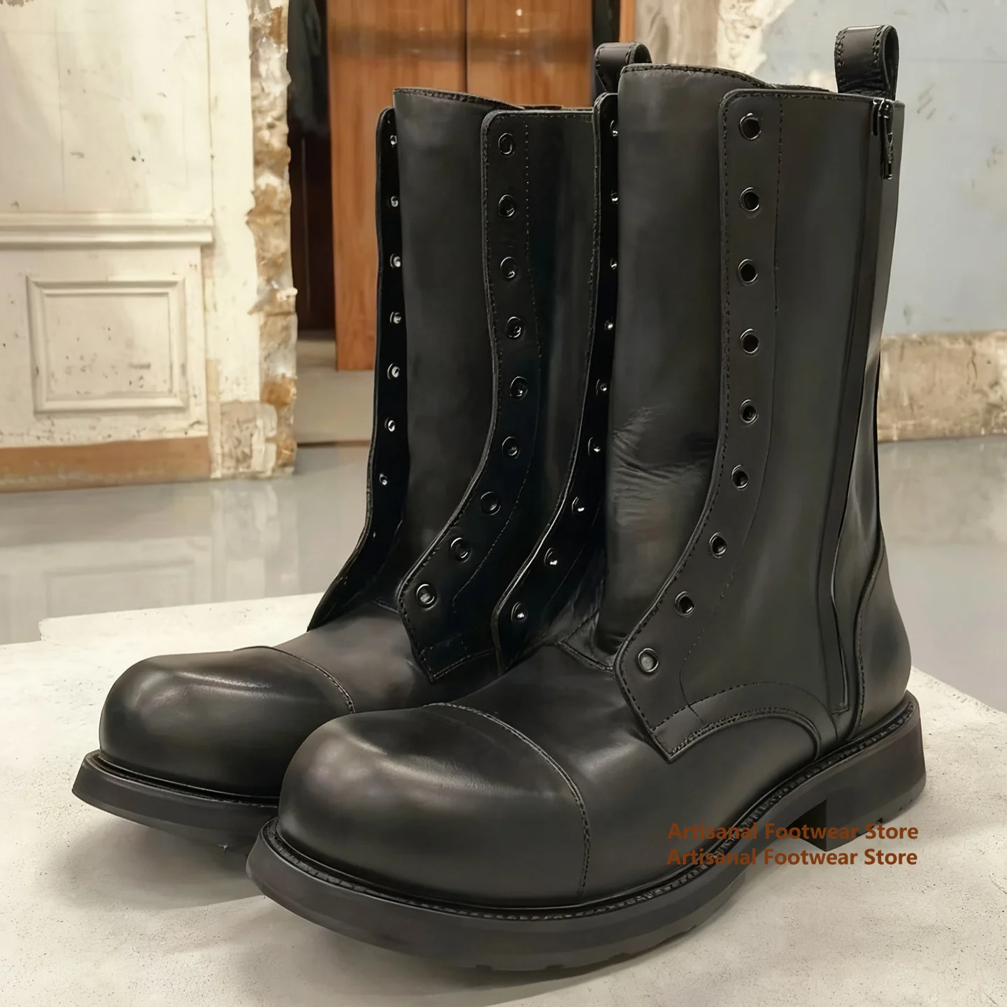 

High Top Lace Up Motorcycle Boots Men's Shoe British Style Luxury Designer Side Zipper Height Increasing Men's Boots Botas Mujer