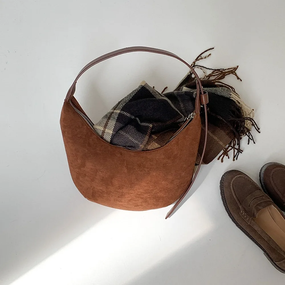 

Sweet Korean Style Suede Shoulder Bag Solid Color Maillard Style Brown Handbag Retro Zipper Underarm Bag Women