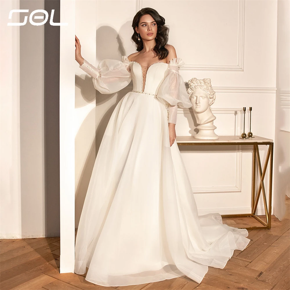 SOL Elegant V Neck Bubble Fit Sleeve Tulle Wedding Dresses Simple A-Line Floor-Length Bridal Gowns Vestidos De Novia