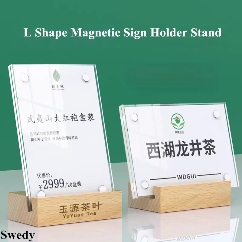 

6x9cm / 7x10cm Wood Base Table Acrylic Sign Holder Picture Price Label Frame Acrylic Menu Paper Holder Magnet Display Stand