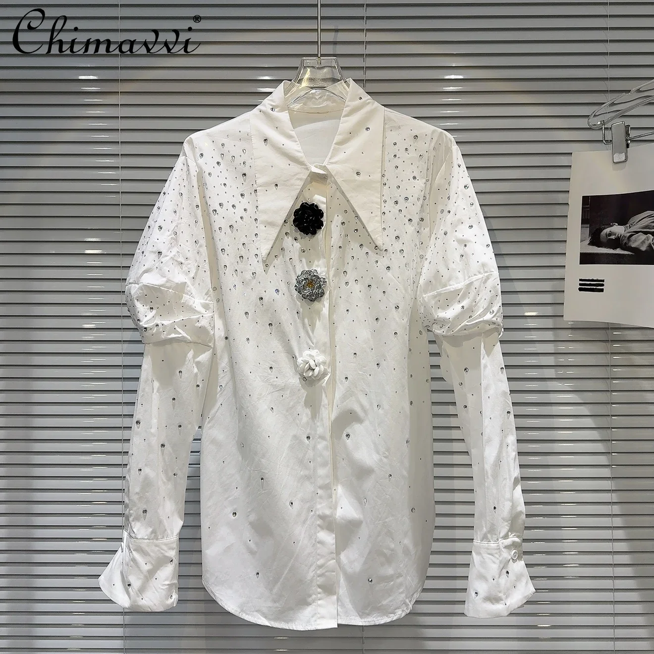 Winter New Heavy Hot Diamond Flower Diamond Buckle Bubble Sleeve Shirt Fashion Long Sleeve Loose Elegant Blouse Women's Top