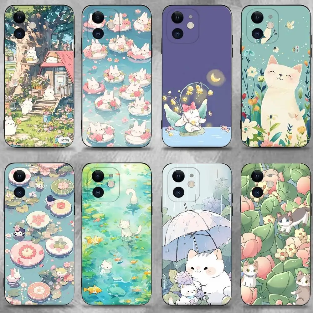

Cat Rabbit Flower Phone Case For iPhone 16,15,14,13,12,11 Plus,Pro Max,XS,X,XR,SE,Mini,8,7,Soft Silicone Black Cover