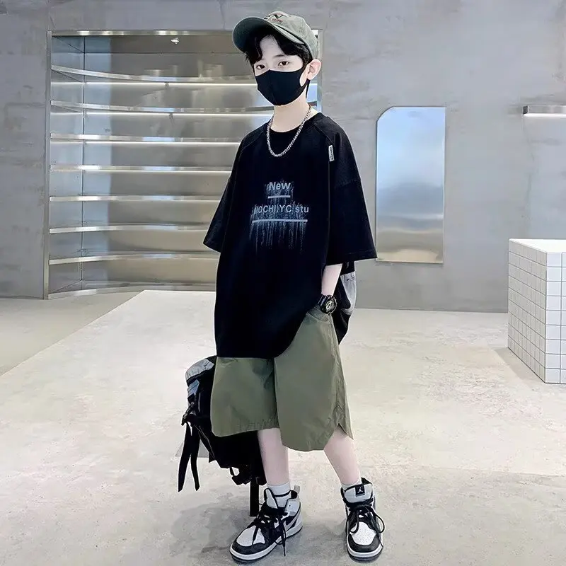 2026 summer boys set Clothes suit teenager letters loose t-shirt + cargo thin shorts pant 4 6 8 10 11 12 year tracksuit Casual