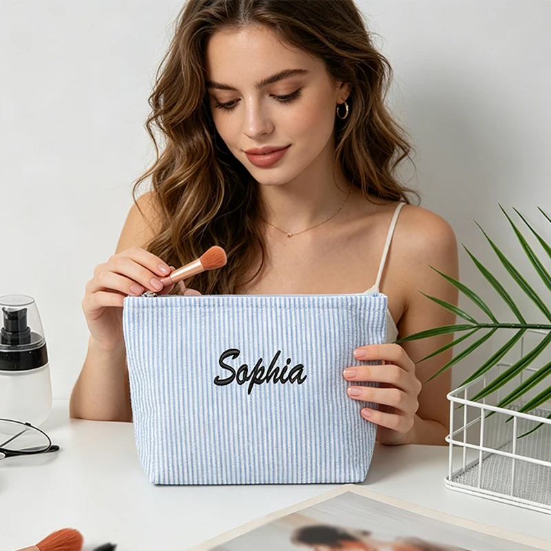 Customised Embroidery/Standard Style 2 Options, Bubble Gauze Striped Makeup Bag, Storage Pouch, Back-to-School Season image 5