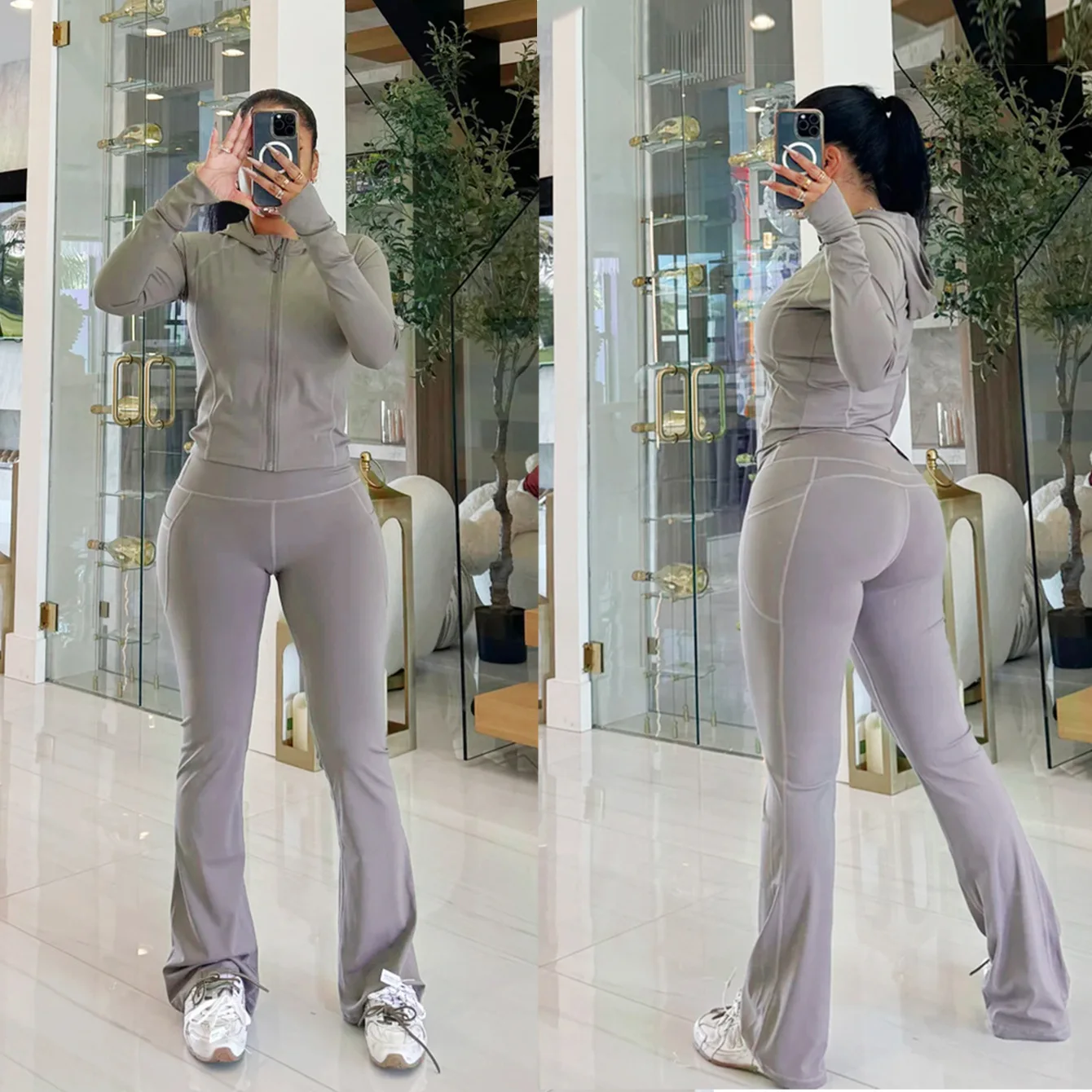 

DSMTRC повседневные однотонные толстовки с длинными рукавами, топы на молнии + брюки с высокой талией, комплекты спортивных брюк из двух предметов, серые лоскутные одинаковые костюмы