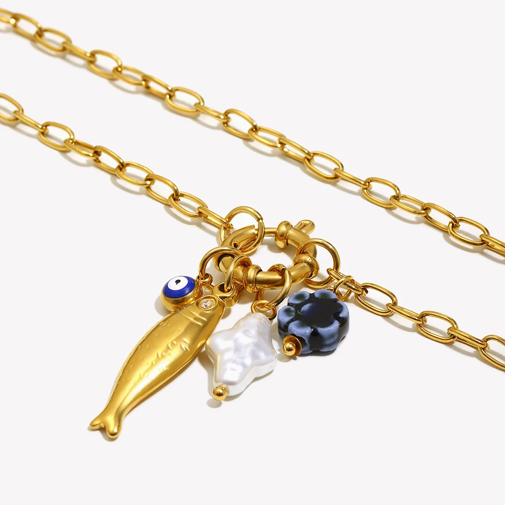 E.B.belle Summer Beach 18K Gold Plated Spring Buckle Blue Flower Fish Pendant Necklace Stainless Steel Waterproof Women Jewelry