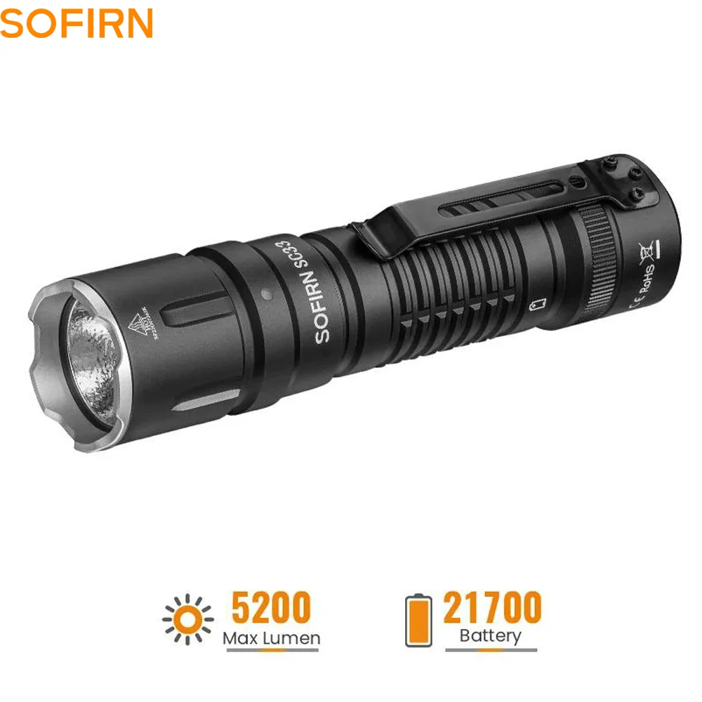 SOFIRN SC33 Tactical Flashlight 5200lm XHP70.3 HI LED Powerful Torch Tail Switch USB-C Recharge 21700 Powered Search Light