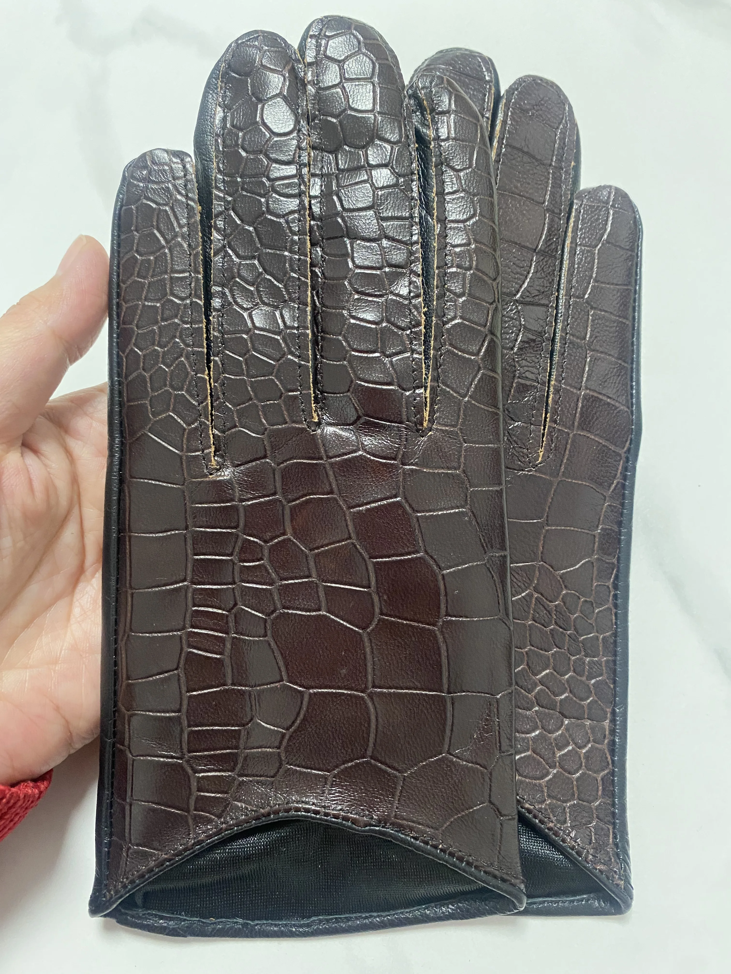 Women\'s Natural Sheepskin leather Gloves Female imitation crocodile skin Touch Screen Motorcycle Driving Glove R811