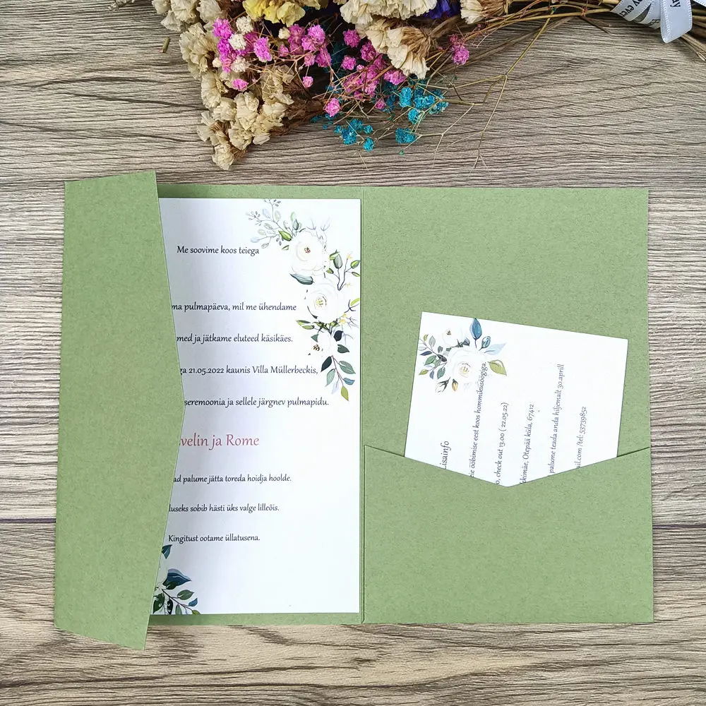 

50 Rose Gold Ivory Black Olive Sage Green Navy Blue Laser Cut Tri fold Wedding Invitation Cards Kit Pocket Invite Envelope RSVP