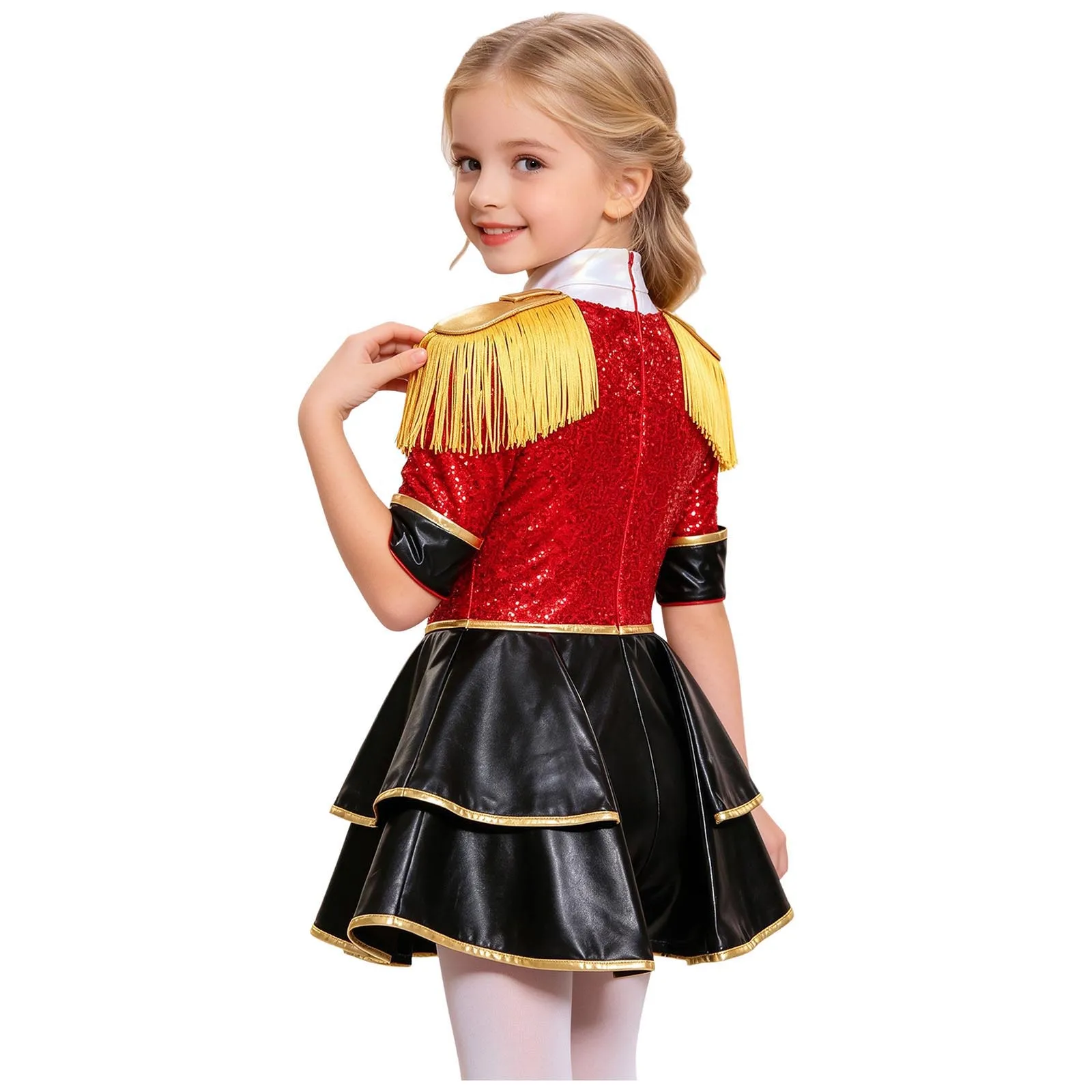 Kids Girls Circus Ringmaster Costume Half Sleeve Sequin Metallic Skirted Jumpsuit for Halloween Carnival Cosplay Themed Party