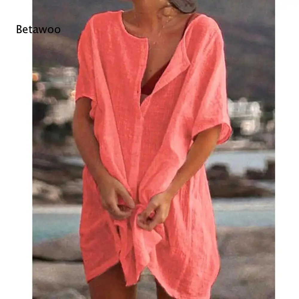 Light Green Textured Front Button Shirt Dress Ladies Short Sleeve Notch Neck Adjustable Tie Hem Loose Summer Beach Cover Up