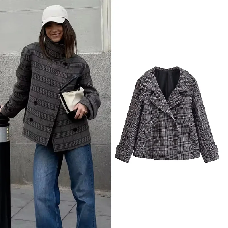 

Spring Women Plaid Jacket Casual Double Breasted Loose Long Sleeves Stand Collar Simple Lady Coats Female Chic Tops